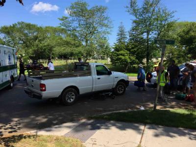 A bicyclist received non-life-threatening injuries when he tried to pass a truck as it was turning onto Main Street from Mill Hill Lane in East Hampton Village on Thursday afternoon, according to police.