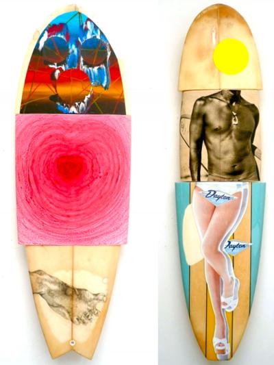 The work of three artists each is incorporated into these deconstructed and put-together-again surfboards.