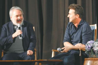 David Edelstein, left, the chief film critic for New York magazine, talked with Edward Norton about everything from “Birdman” to Brando in Sunday’s A Conversation With program at the East Hampton Middle School.