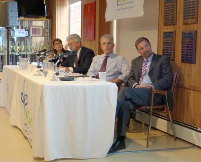 The panel included, from left, Southampton Town Supervisor Anna Throne-Holst, East Hampton Town Supervisor Larry Cantwell, County Executive Steve Bellone, and Jeremy Samuelson, the executive director of C.C.O.M.