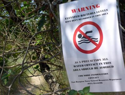 Warning signs have gone up at Fresh Pond in Amagansett, after private tests found high bacteria levels in the water all summer.