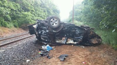 A Toyota RAV4 left on the tracks was destroyed when it was hit by a train Tuesday morning.