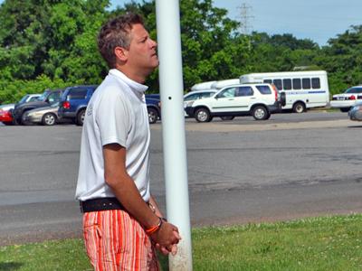 Jason Monet outside East Hampton Town Justice Court on Sunday, where he was arraigned on a drunken-driving charge following a Saturday-night accident that sent a Montauk motorcyclist to the hospital with severe injuries.