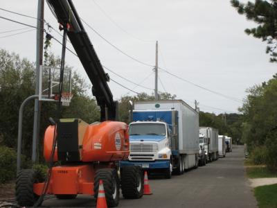 Production company vehicles left this Amagansett lane essentially unpassable last week.