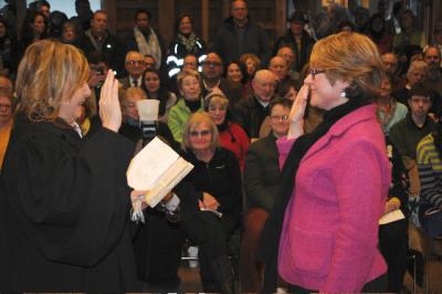 Kathee Burke Gonzalez was sworn in as a member of the East Hampton Town Board on Thursday by Town Justice Lisa Rana.