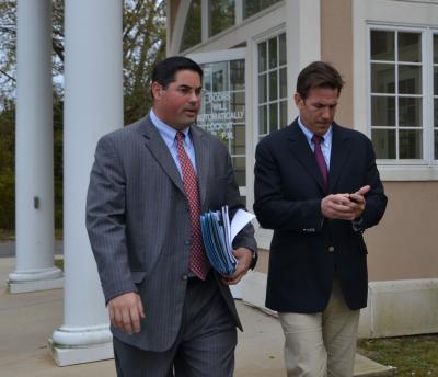 Thomas Ravenel, right, leaving East Hampton Town Justice Court Thursday with his attorney Trevor Darrell