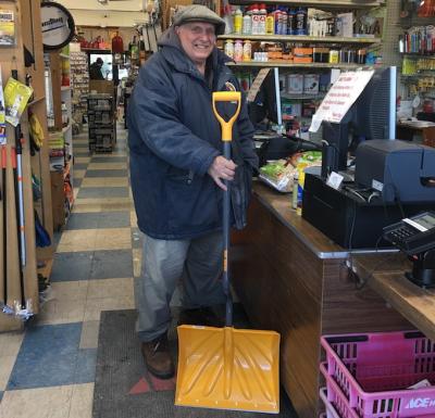 Rich Riccio at Becker's Home Center in Montauk, which was well stocked with snow shovels, firewood, and other supplies.