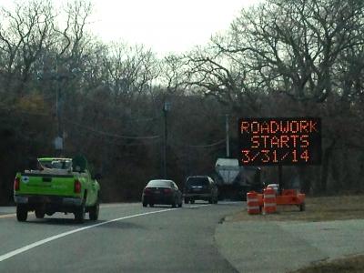 A sign on Montauk Highway near Green Hollow Road in East Hampton has been updated to indicate the new start date of roadwork on the route from Stephen Hand's Path to County Road 39.