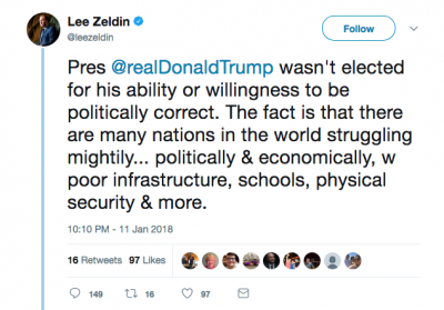 One of four tweets Representative Lee Zeldin issued on Thursday in defense of President Trump's vulgar remarks on immigration.