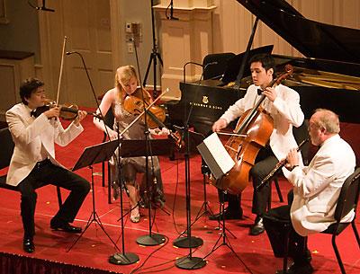 Stefan Jackiw, violin, Cynthia Phelps, viola, Michael Nicholas, cello, and John Snow, oboe, performed Mozart’s Oboe Quartet at the Bridgehampton Chamber Music Festival last Thursday.