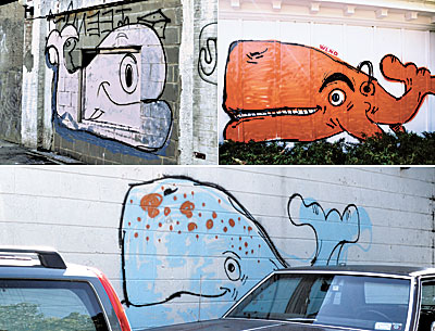 Graffiti whales painted by an anonymous vandal have appeared around Sag Harbor, including, above, on the vacant Schiavoni plumbing building, in front of the WLNG radio station, top right, and the rear of the Getty station, right.