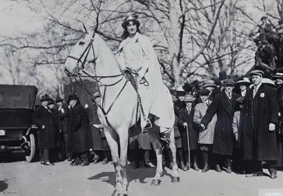 Inez Milholland Boissevain preparing to lead the March 3, 1913, women’s suffrage parade in Washington, D.C.