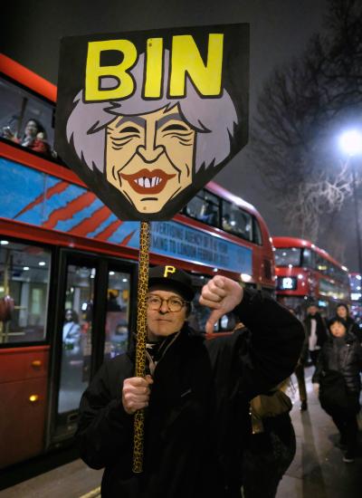 Displeasure at high-stakes Brexit as seen in a Theresa May caricature at a recent London protest.