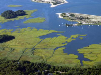 The Y-shaped entrance channel to Accabonac Creek in Springs was the result of a 1959 dredging project's unplanned diversion.