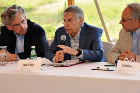 Jack Rivkin of Idealab discussed climate change at the South Fork Natural History Museum as Michael Gerrard of the Sabin Center for Climate Change Law and Carl Safina, an ecologist and educator, listened.