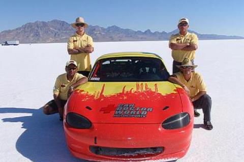 Clockwise from top left are Derrick Kielt, Ryan Pilla, Rod Davidson, and Henry Boston with the four-cylinder Mazda MX5 Spec Miata at the Bonneville Flats.