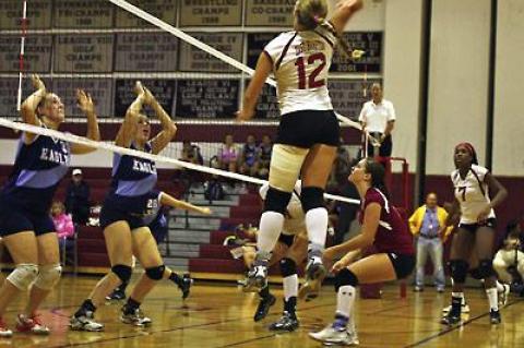 Katla Thorsen (12) couldn’t miss in last Thursday’s rout of Rocky Point here. East Hampton won by scores of 25-6, 25-9, and 25-16.