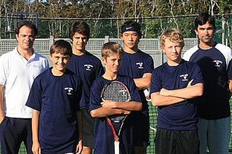 The academy’s first class, James Ignatowich, Fernando Fernandez, Lucas Larese, Jiahui Guo, and Trippie Tuff (Carl Grant was absent), with two of their coaches, Vinicius Carmo and Alejandro Tejerina