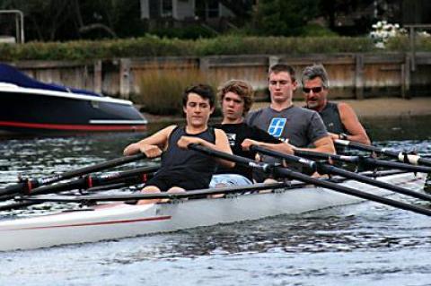 Andrew Hart-Adler, at right, a founder of the University of North Carolina’s crew program, has been working in the Sag Harbor Community Rowing club’s quads with William Benedict, Andrew Mack, and Brett Listl.