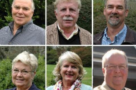 Candidates for East Hampton Town Board, clockwise, Richard Haeg, Steven Gaines, Peter Van Scoyoc, Marilyn Behan, Sylvia Overby, Bill Mott