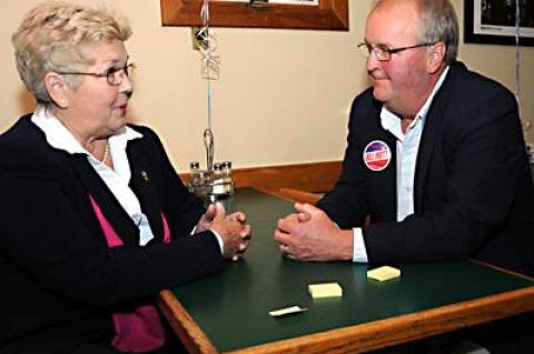 Marilyn Behan and Bill Mott, town board candidates running on the Independence Party Line, discussed their pending fate Wednesday night at Astro’s Pizza in Amagansett.