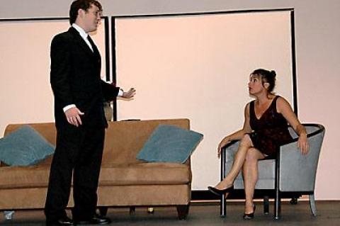 Colby Herbst and Deborah Marshall play an escort and a client in nontraditional roles in “Extracurricular” by Frank Tangredi, one of four one-act plays to be staged by the Studio Playhouse next weekend.