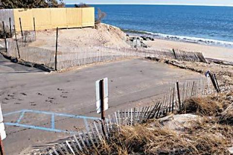 Renovations to restore a parking lot at the end of Lily Pond Lane at Georgica Beach, which was chewed up by Tropical Storm Irene, were presented to the East Hampton Village Board by Drew Bennett, the village engineer.