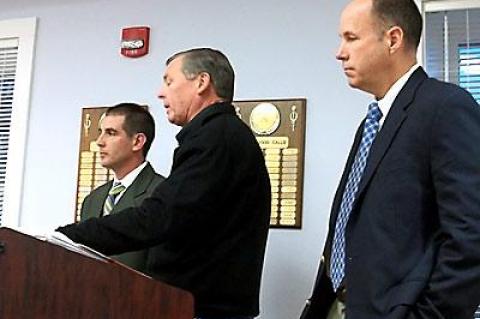 From left, Dennis Fabiszak, director of the East Hampton Library, Ben Krupinski, and Jeffrey Butler appeared before the East Hampton Village Design Review Board to discuss the library’s expansion plans.