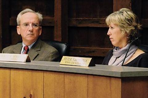 After taking heat over her comment about a Springs group, Councilwoman Theresa Quigley was questioned regarding what she said about a memo she received from Marguerite Wolffsohn, the town planning director. Supervisor Bill Wilkinson, left, joined the discussion.