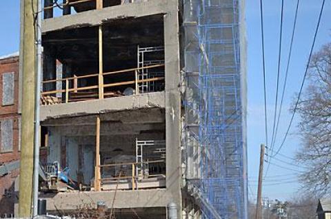 Blasting has begun, resulting in dust being dispersed from windows of the former Bulova watchcase factory in Sag Harbor.