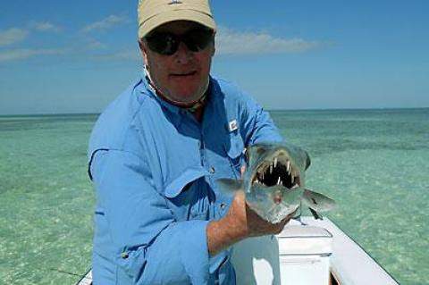 Ken Rafferty, an East Hampton light-tackle and fly-fishing guide, reeled up this toothy barracuda in baby blue southern waters recently, but he’s preparing to go after striped bass at home in the near future.