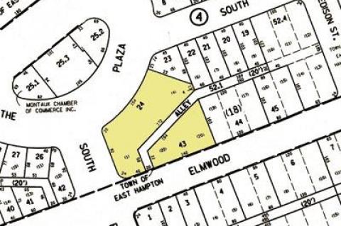 The grounds of the former Ronjo motel in Montauk (shaded area) are bisected by a narrow strip of town land that had been laid out as an alleyway long ago.