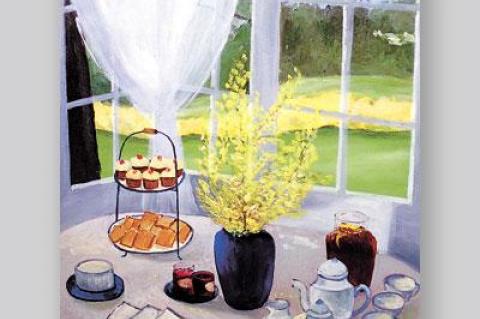 Tea at the Manor, First Forsythia” by Pingree Louchheim is on view at Romany Kramoris Gallery in Sag Harbor.