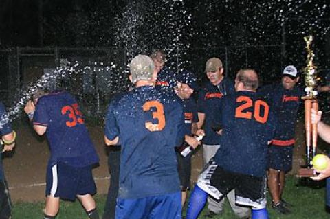 The East Hampton Town men’s slow-pitch softball league may have run out of gas, but, as is evident above, Schenck Fuels hasn’t.