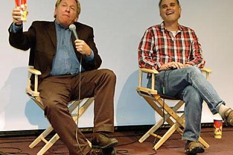 Ken Rudin, left, and Brian Malone discussed the film “Patriocracy” after its screening at the Bay Street Theatre on Saturday night.