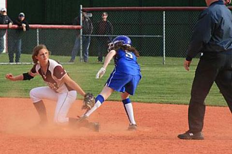 Ali Harned looked for the out call and got it in last week’s game with John Glenn, a team the Bonackers wound up “mercying” 12-0.