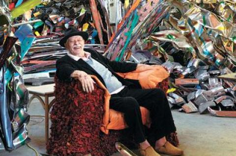 This picture of John Chamberlain was taken in his Shelter Island studio in 2011. His retrospective at the Solomon R. Guggenheim Museum in New York closes this week.