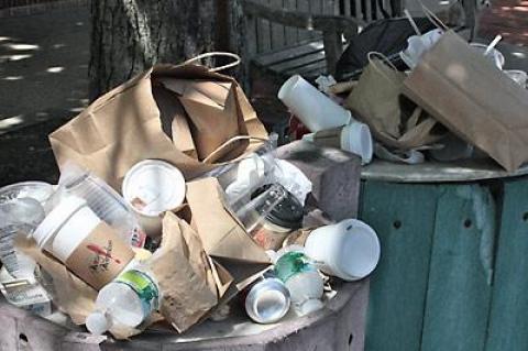 A recent weekend’s overflowing garbage cans on Main Street, Amagansett