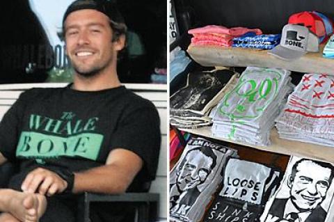 Jesse Joeckel is often surrounded by friends at his silk-screen T-shirt shop in Montauk.