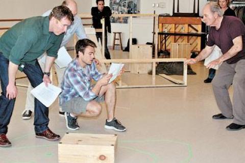 In rehearsal for “Men’s Lives,” which returns to the Bay Street Theatre next week, were Brian Hutchinson, Peter McRobbie, and Rob DiSario, with Harris Yulin, the director, right, and Scott Thomas Hinson and Deborah Hedwall in the background.