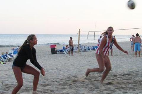 Molly Nolan and Calli Stavola, of the Beach Diplomats, will be playing in the Gurney’s Inn beach volleyball league’s final rounds this evening.