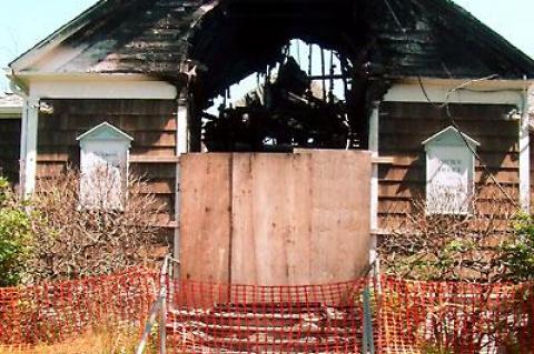 Ten months after it was destroyed by fire, reconstruction of the Amagansett Presbyterian Church’s Scoville Hall is at least several more months away.