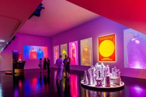 A group of pieces and projections from Mike Kelley’s “Kandor” project takes up the bulk of the south wing of the Watermill Center.