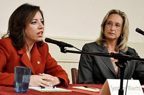 A debate was held last Wednesday between Town Councilwoman Bridget Fleming, right, and Jennifer Maertz, left, who will run against her. Both candidates seek to oust Senator Kenneth P. LaValle from his first district seat.