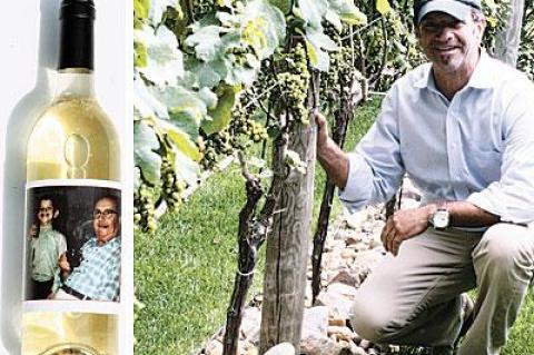 An old family photo, left, of Michael Cinque, age 4, and his grandfather makes an ideal label for his homemade wine called Mi Famiglia. Right, Mr. Cinque shows off the mini-vineyard at his Amagansett house.