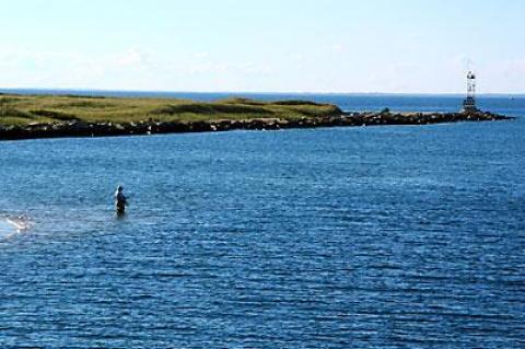 A lone surfcaster worked the channel to New Harbor on Block Island on Sunday.