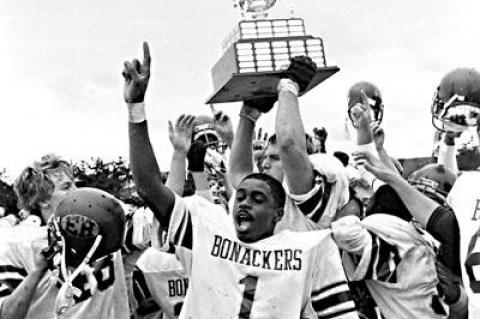 This photo of the Bonackers triumphant after defeating Southampton in 1987 now adorns a wall of East Hampton’s weight room.