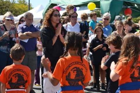 Michelle Del Giorno led her karate class, Storm (for a Select Team of Role Models), in a demonstration on Sag Harbor’s Long Wharf on Saturday during HarborFest.