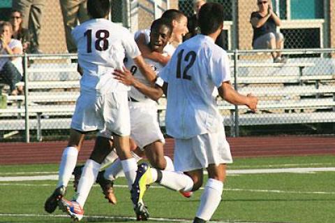 Donte Donegal, facing the camera, scored Saturday’s winning goal for the Bonackers.