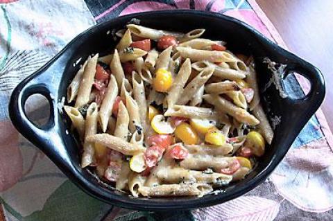 It’s time to break out the Dutch ovens and make a casserole, such as this one with penne, tomato, cream, and five cheeses.